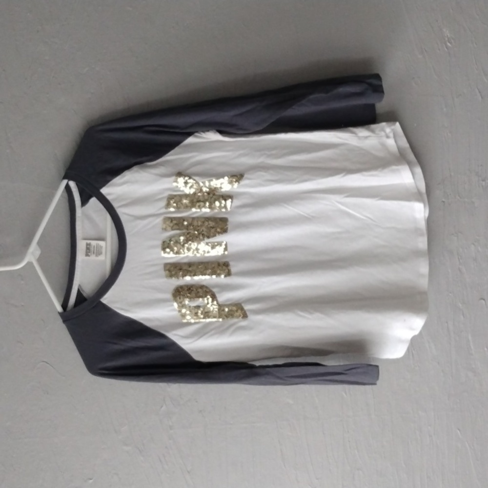 Pink baseball shirt white gray gold sequence letters size large